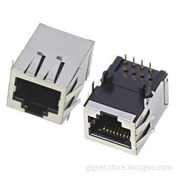RoHS directive compliant one port RJ45 connector, with or w/o shielding, R/A type, tab down